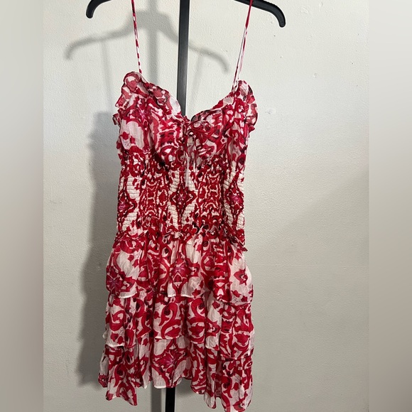 Luxxel Red and White Smocked Bodice Layered Mini Dress - Picture 6 of 9